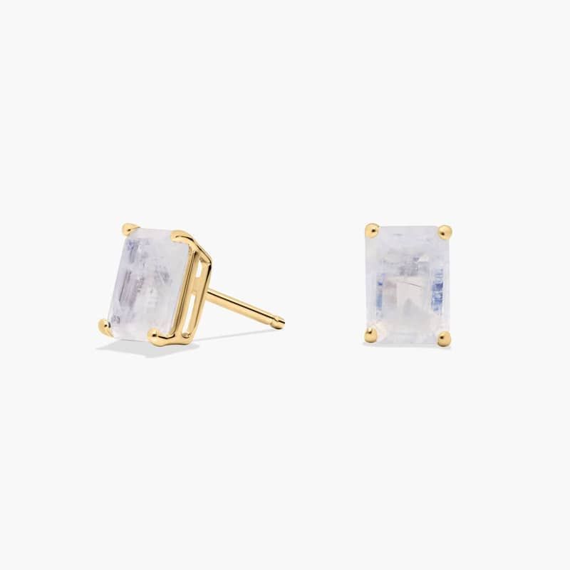 Emerald Cut Birthstone Moonstone Stud Earrings in 14K Yellow Gold (7x5mm)