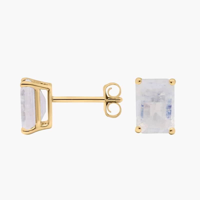 Emerald Cut Birthstone Moonstone Stud Earrings in 14K Yellow Gold (7x5mm)