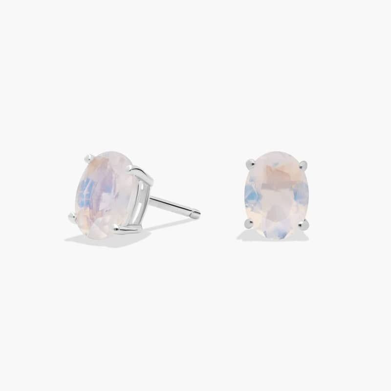 Oval Birthstone Moonstone Stud Earrings in 14K White Gold (7x5mm)