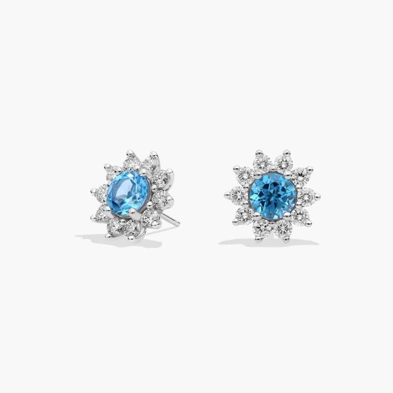 Round Blue Topaz and Diamond Stud Earrings in 14k White Gold