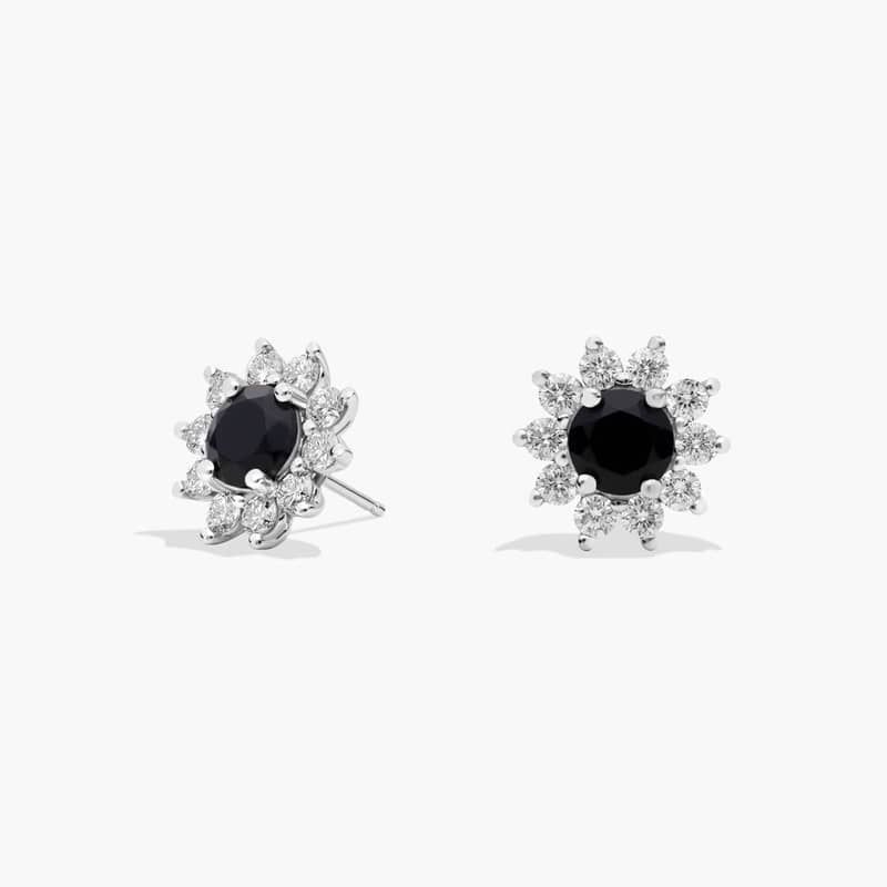 Round Black Onyx and Diamond Stud Earrings in 14k White Gold