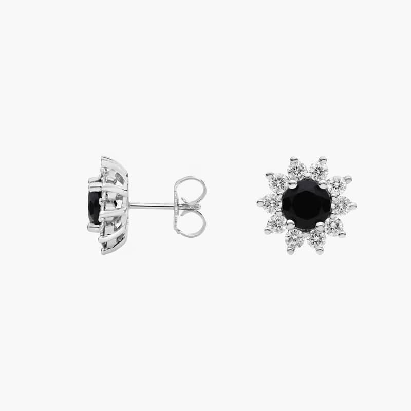 Round Black Onyx and Diamond Stud Earrings in 14k White Gold