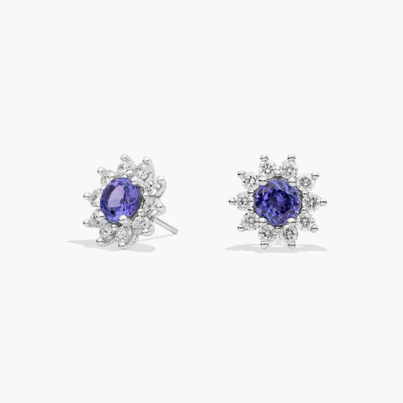 Round Tanzanite and Diamond Stud Earrings in 14k White Gold