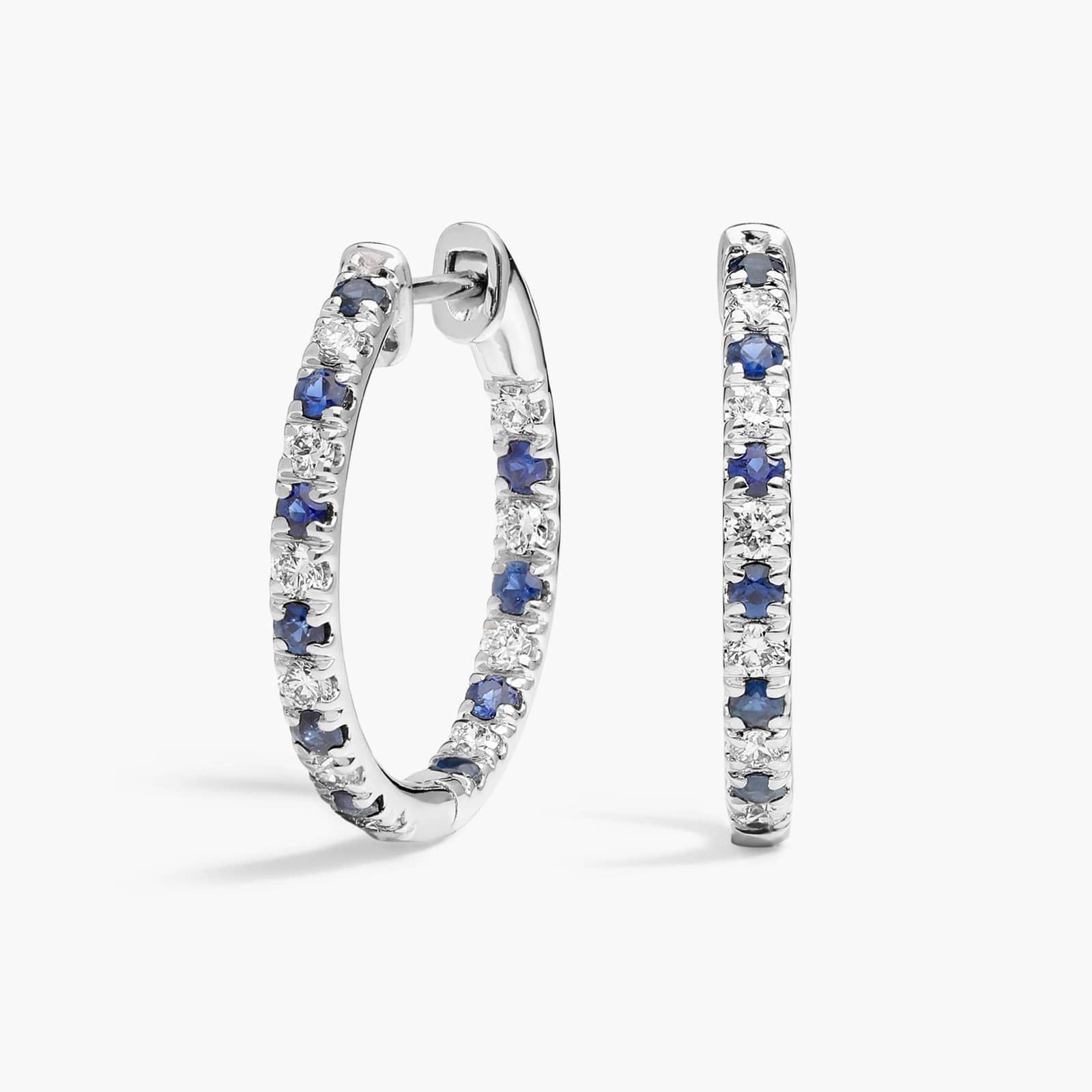 Sapphire and Diamond Inside Out Hoop Earrings in 14K White Gold