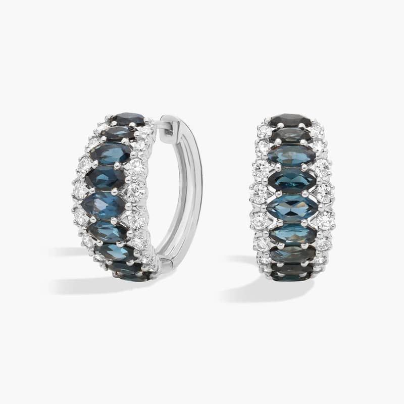 Marquise Cut London Blue Topaz and Diamond Hoops in 14k White Gold