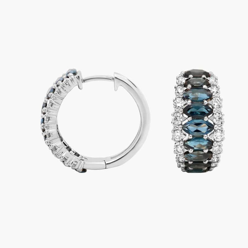 Marquise Cut London Blue Topaz and Diamond Hoops in 14k White Gold