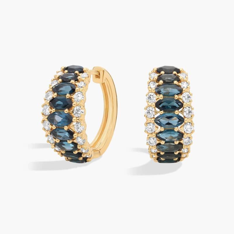 Marquise Cut London Blue Topaz and Diamond Hoops in 14k Yellow Gold