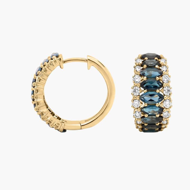 Marquise Cut London Blue Topaz and Diamond Hoops in 14k Yellow Gold