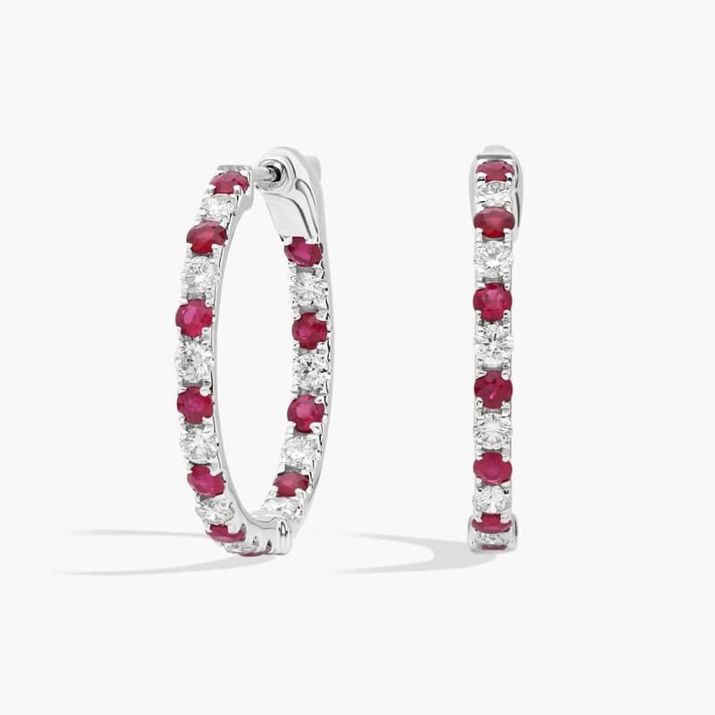 Round Ruby and Diamond Hoop Earrings, 3/4 Inch Diameter in 14K White Gold