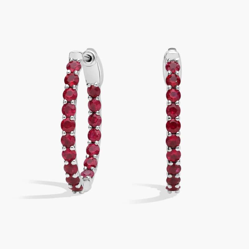 Round Ruby Hoop Earrings, 3/4 Inch Diameter in 14K White Gold