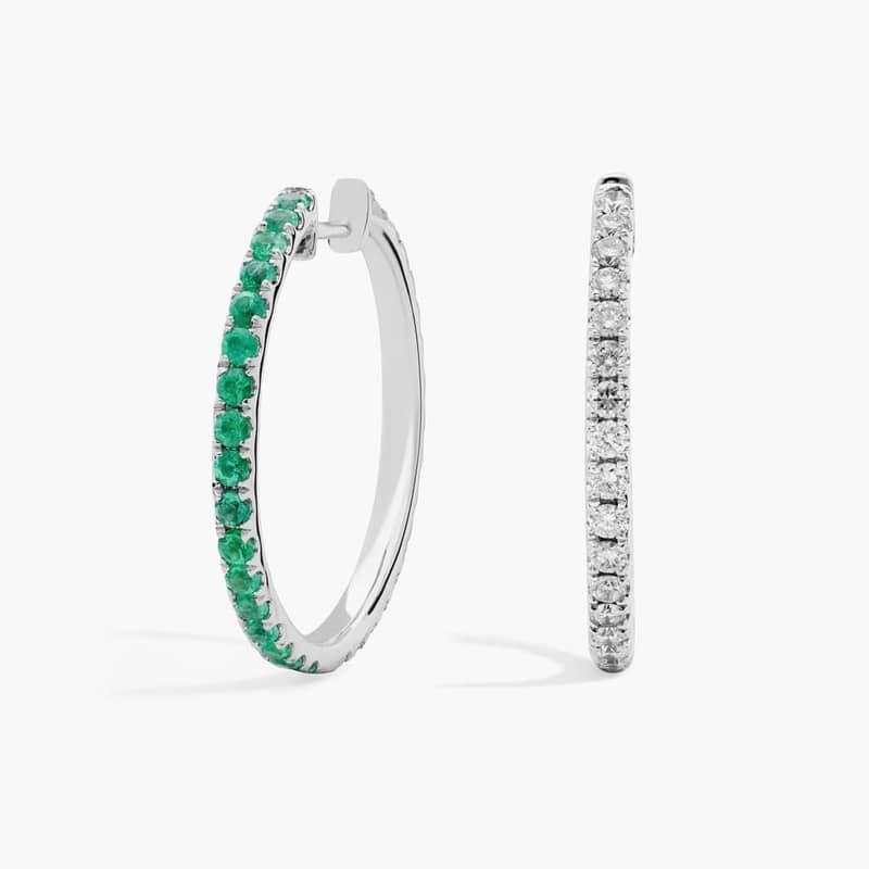 Half And Half Round Emerald and Diamond Hoop Earrings in 14K White Gold