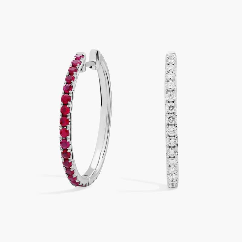 Half And Half Round Ruby and Diamond Hoop Earrings in 14K White Gold