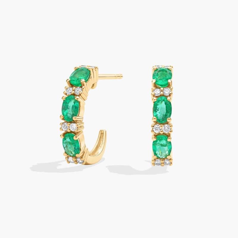 Diamond and Emerald Alternating J-Huggie Earrings in 14K Yellow Gold