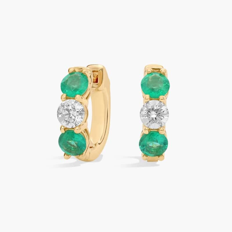 Diamond and Emerald Front Facing Huggie Earrings in 14K Yellow Gold