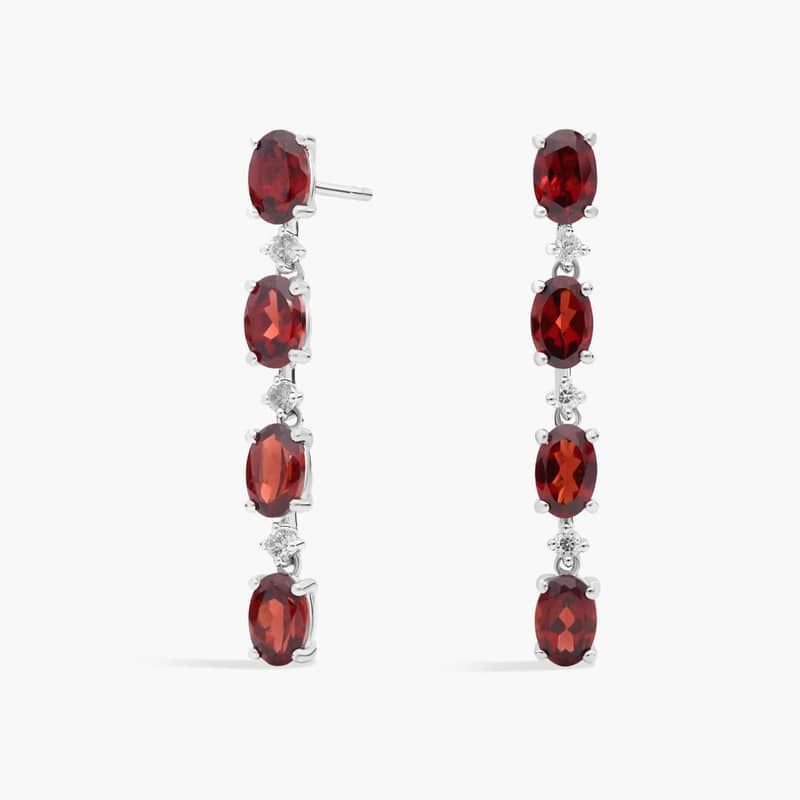 Oval Garnet Line Drop Fashion Earrings in Sterling Silver