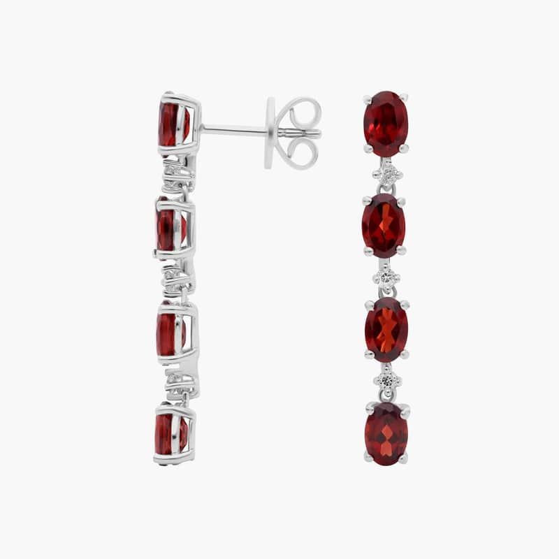 Oval Garnet Line Drop Fashion Earrings in Sterling Silver