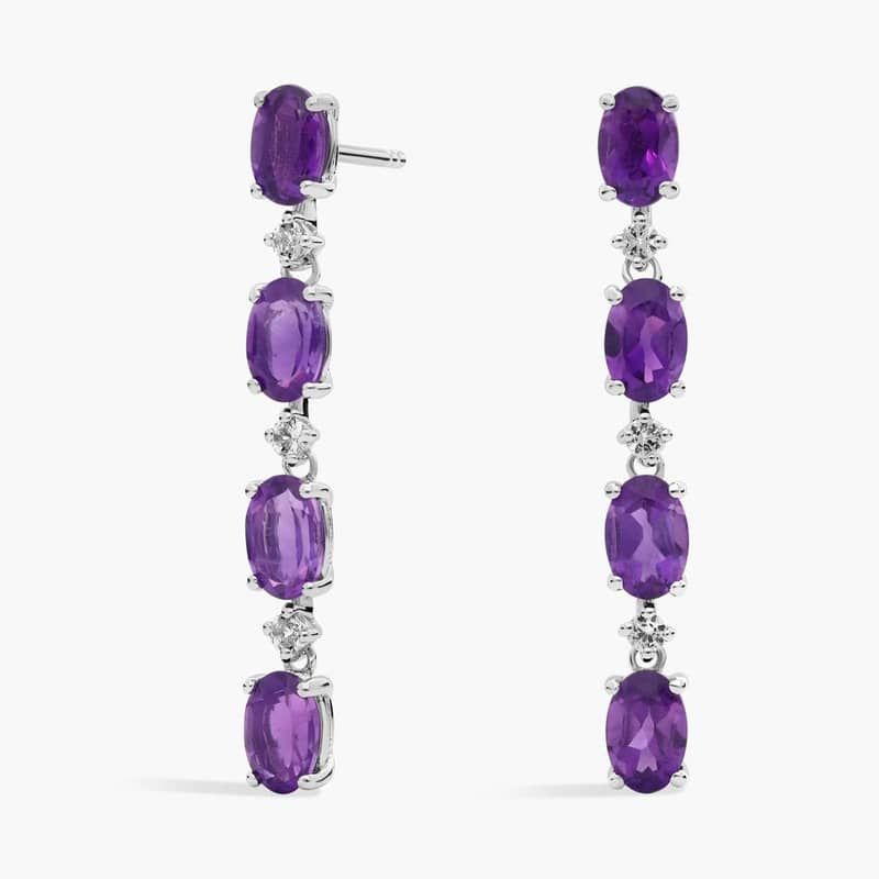 Oval Amethyst Line Drop Fashion Earrings in Sterling Silver