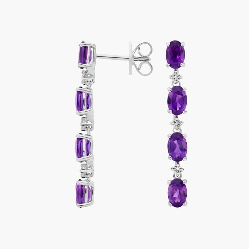 Oval Amethyst Line Drop Fashion Earrings in Sterling Silver