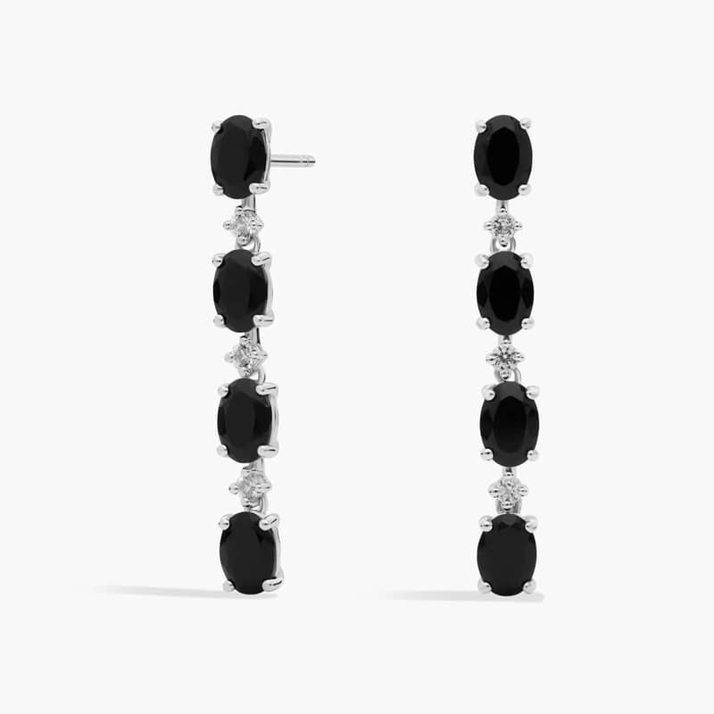 Oval Black Onyx Line Drop Fashion Earrings in Sterling Silver