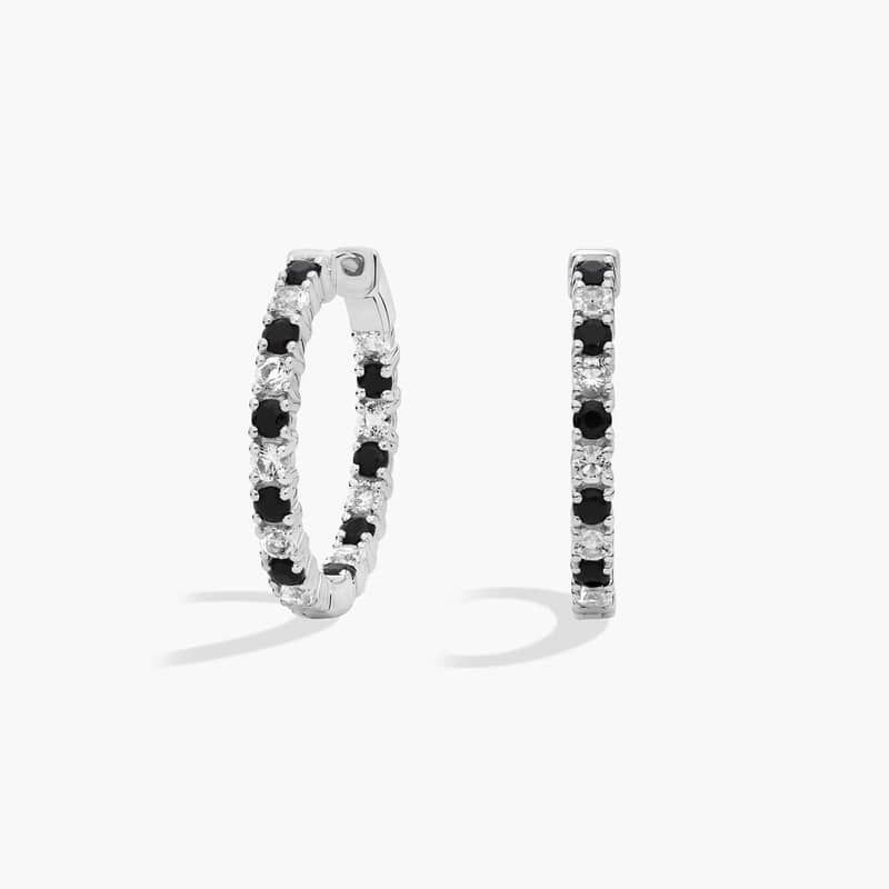 Alternating Black Onyx and White Topaz Eternity Hoop Earrings in Sterling Silver