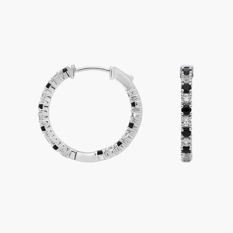 Alternating Black Onyx and White Topaz Eternity Hoop Earrings in Sterling Silver