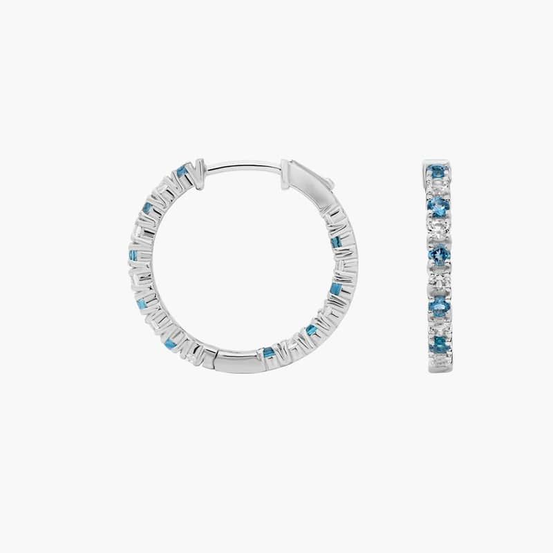 Alternating Blue and White Topaz Eternity Hoop Earrings in Sterling Silver