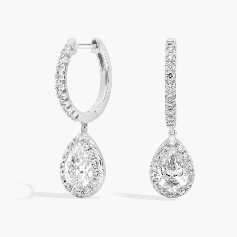 Lab Grown Diamond Pear Halo Dangle Earrings in 14K White Gold (2 Ct. Tw.)