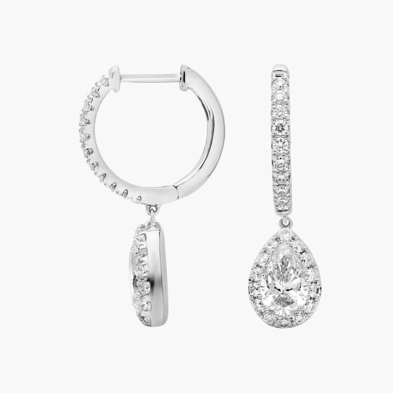 Lab Grown Diamond Pear Halo Dangle Earrings in 14K White Gold (2 Ct. Tw.)