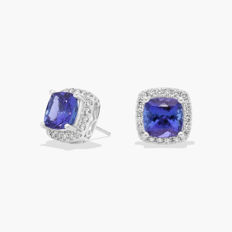 Cushion Cut Tanzanite Diamond Halo Stud Earrings in 14k White Gold (8mm)