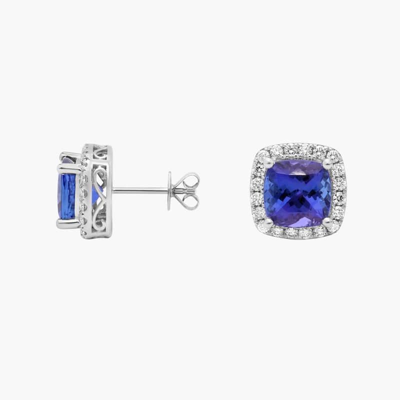 Cushion Cut Tanzanite Diamond Halo Stud Earrings in 14k White Gold (8mm)