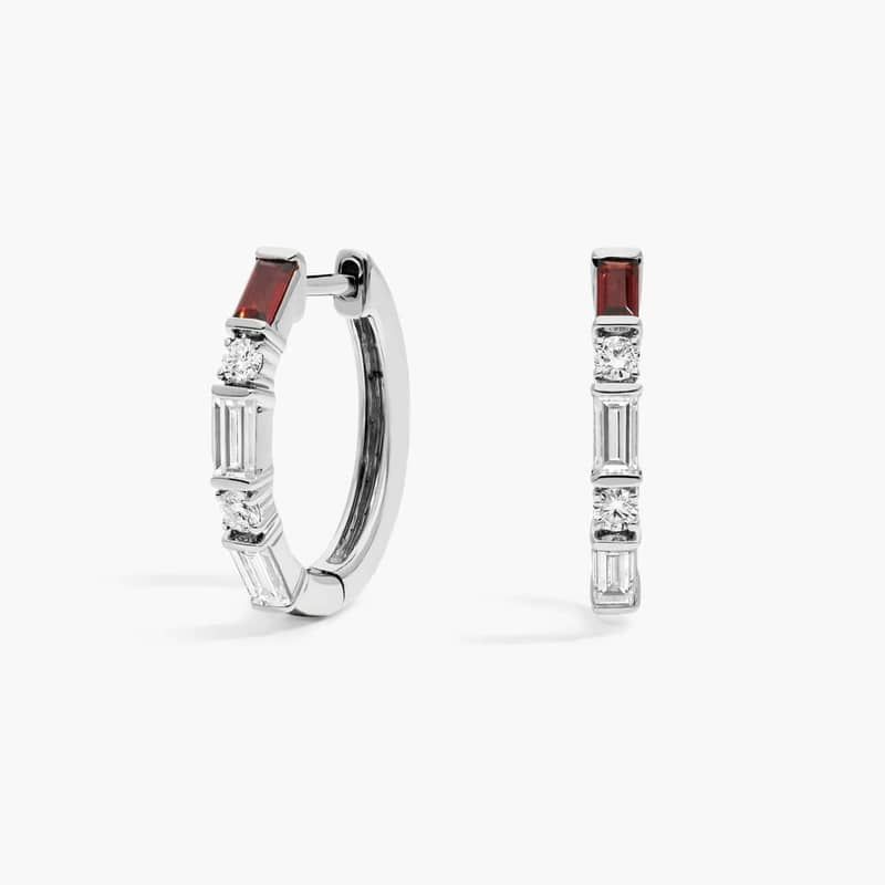 Personalized Baguette Cut Single Birthstone Hoop Earrings With Lab-Grown Diamonds In 14K White Gold