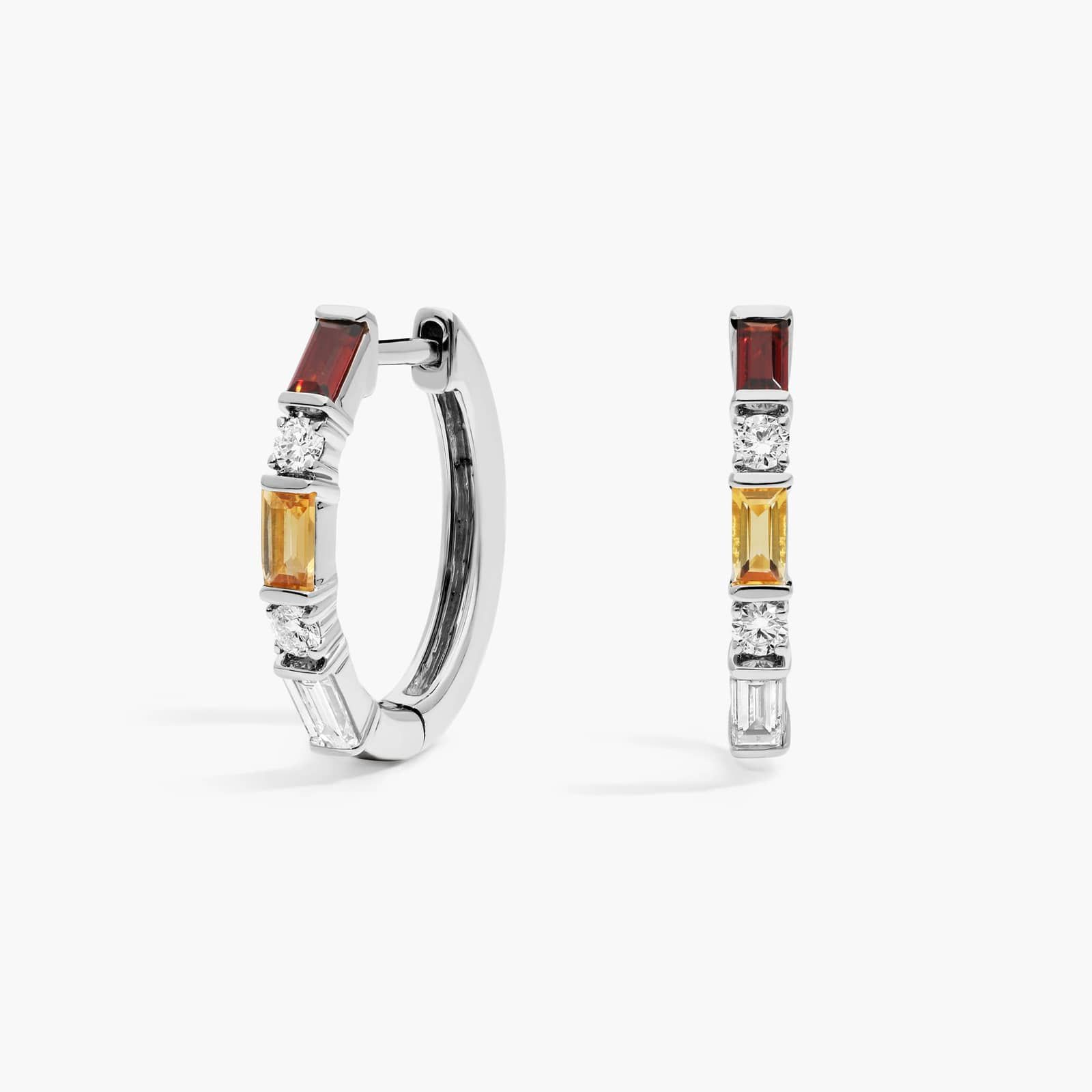Personalized Baguette Cut Two Birthstone Hoop Earrings With Lab-Grown Diamonds In 14K White Gold