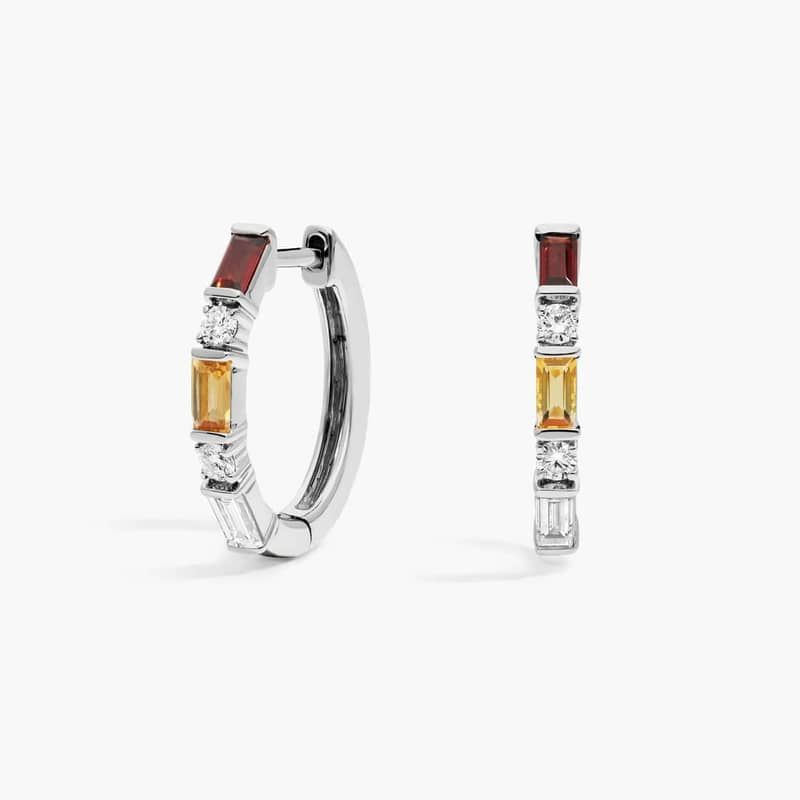 Personalized Baguette Cut Two Birthstone Hoop Earrings With Lab-Grown Diamonds In 14K White Gold