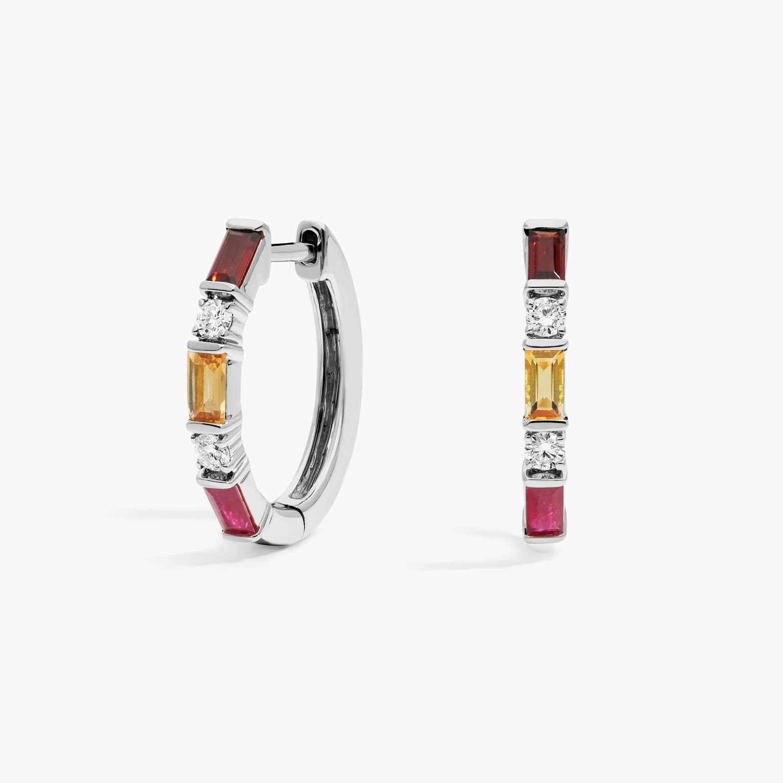 Personalized Baguette Cut Three Birthstone Hoop Earrings With Lab-Grown Diamonds In 14K White Gold