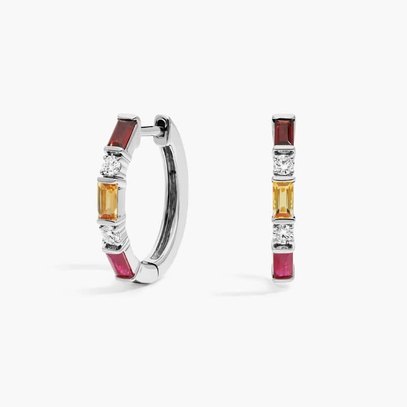 Personalized Baguette Cut Three Birthstone Hoop Earrings With Lab-Grown Diamonds In 14K White Gold