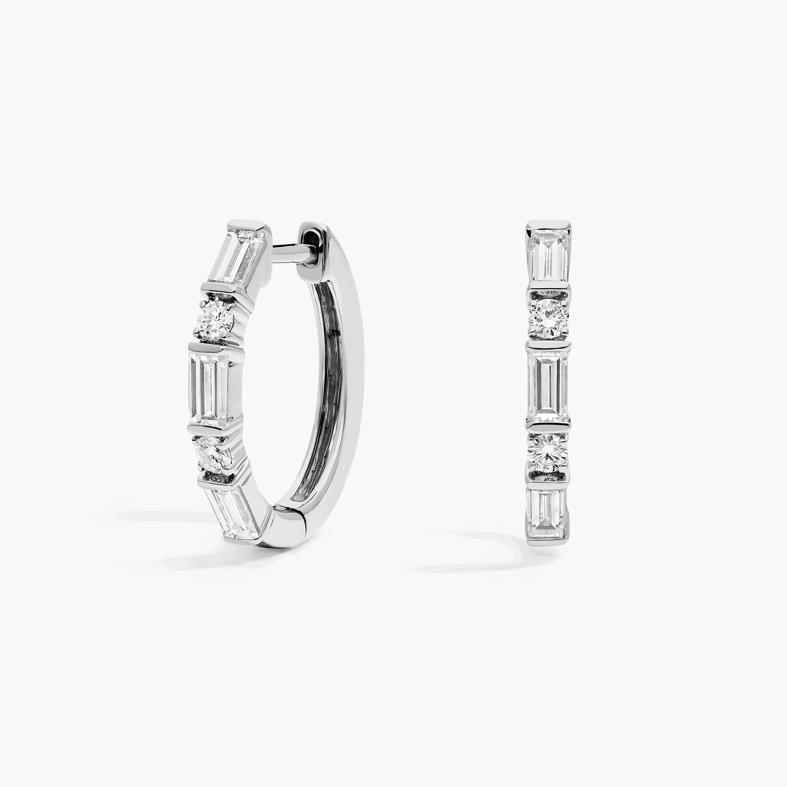 Personalized Baguette Cut Three Birthstone Hoop Earrings With Lab-Grown Diamonds In 14K White Gold
