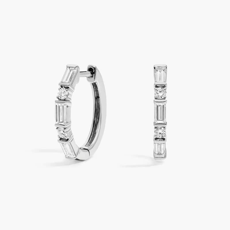 Diamond Hoop Earrings With 1 CTW Round And Baguette Cut Lab-Grown Diamonds in 14K White Gold