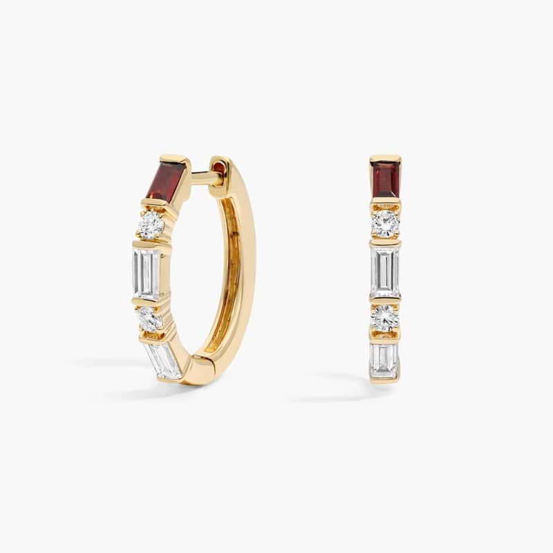 Personalized Baguette Cut Single Birthstone Hoop Earrings With Lab-Grown Diamonds In 14K Yellow Gold