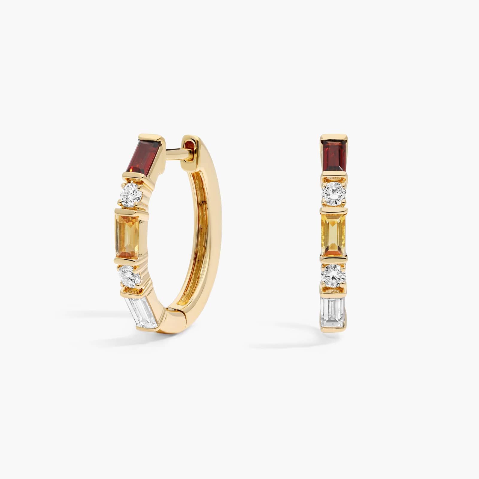 Personalized Baguette Cut Two Birthstone Hoop Earrings With Lab-Grown Diamonds In 14K Yellow Gold