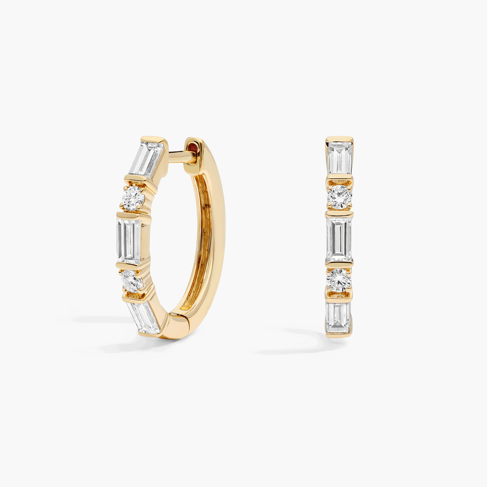 Personalized Baguette Cut Two Birthstone Hoop Earrings With Lab-Grown Diamonds In 14K Yellow Gold