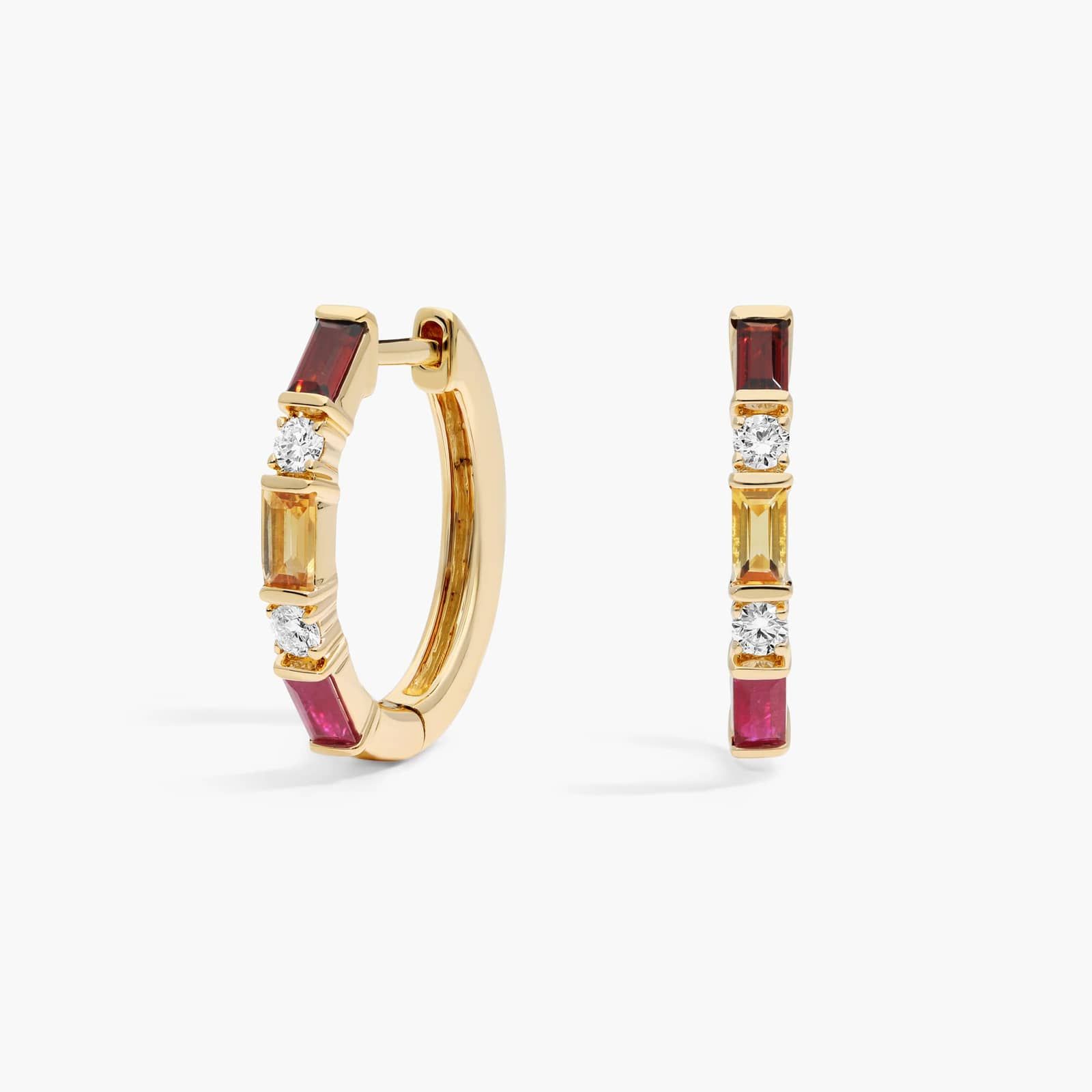 Personalized Baguette Cut Three Birthstone Hoop Earrings With Lab-Grown Diamonds In 14K Yellow Gold