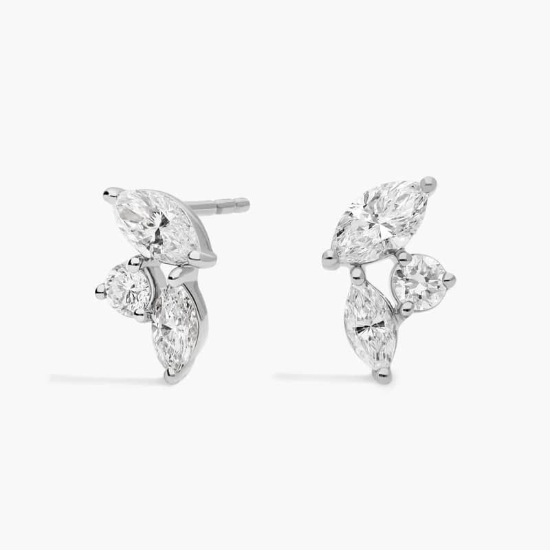 Cluster Stud Earrings With 0.75 CTW Round And Marquise Cut Lab-Grown Diamonds In 14K White Gold