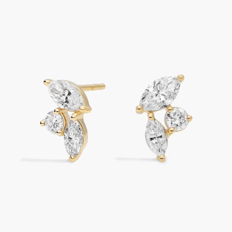 Cluster Stud Earrings With 0.75 CTW Round And Marquise Cut Lab-Grown Diamonds In 14K Yellow Gold