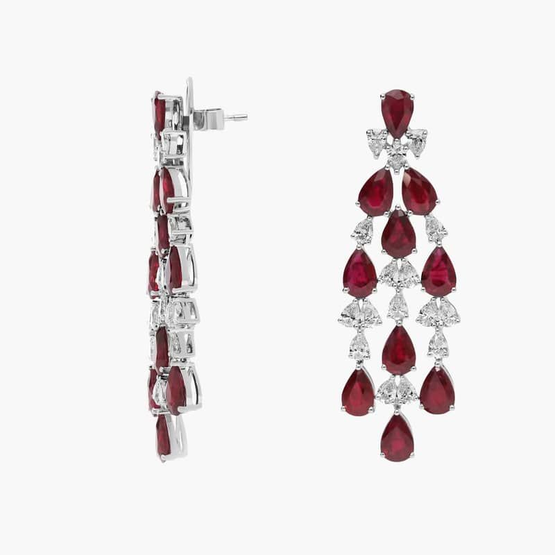 Pear Shaped Ruby & Diamond Dangle Earrings with 2 CTW Diamonds in 18K White Gold