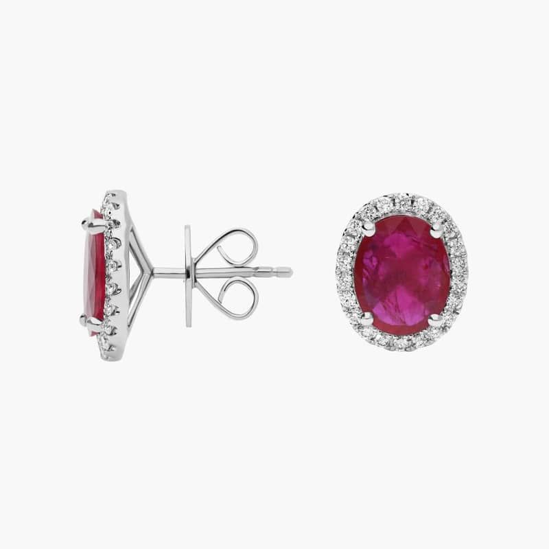 Oval Cut Ruby & Diamond Halo Stud Earrings with 0.2 CTW Round Cut Diamonds in 18K White Gold