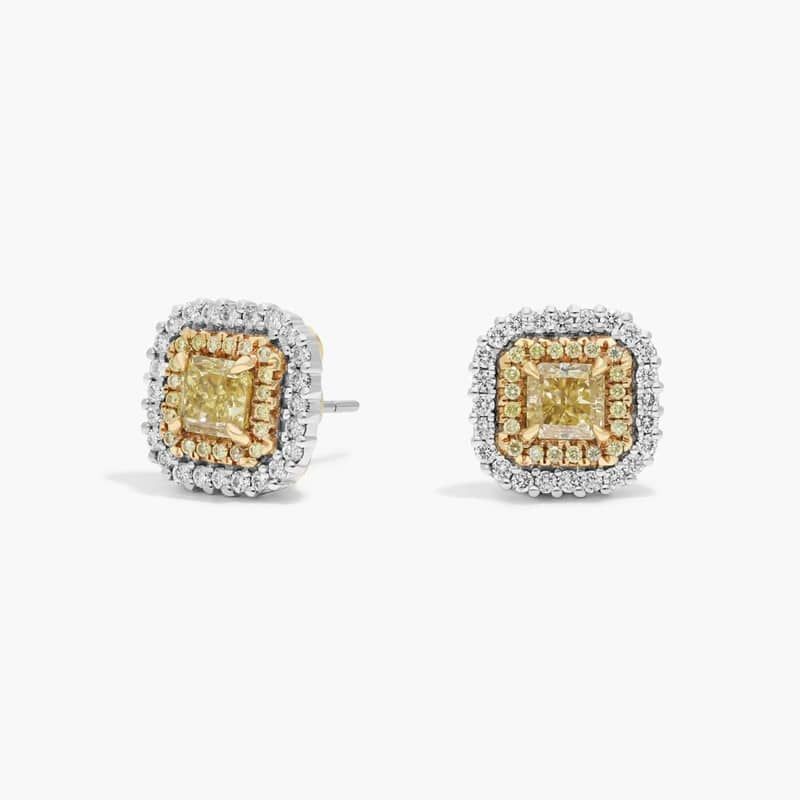 White And Yellow Diamond Stud Earrings with 3 CTW Mixed Shape Diamonds in 18K White & Yellow Gold