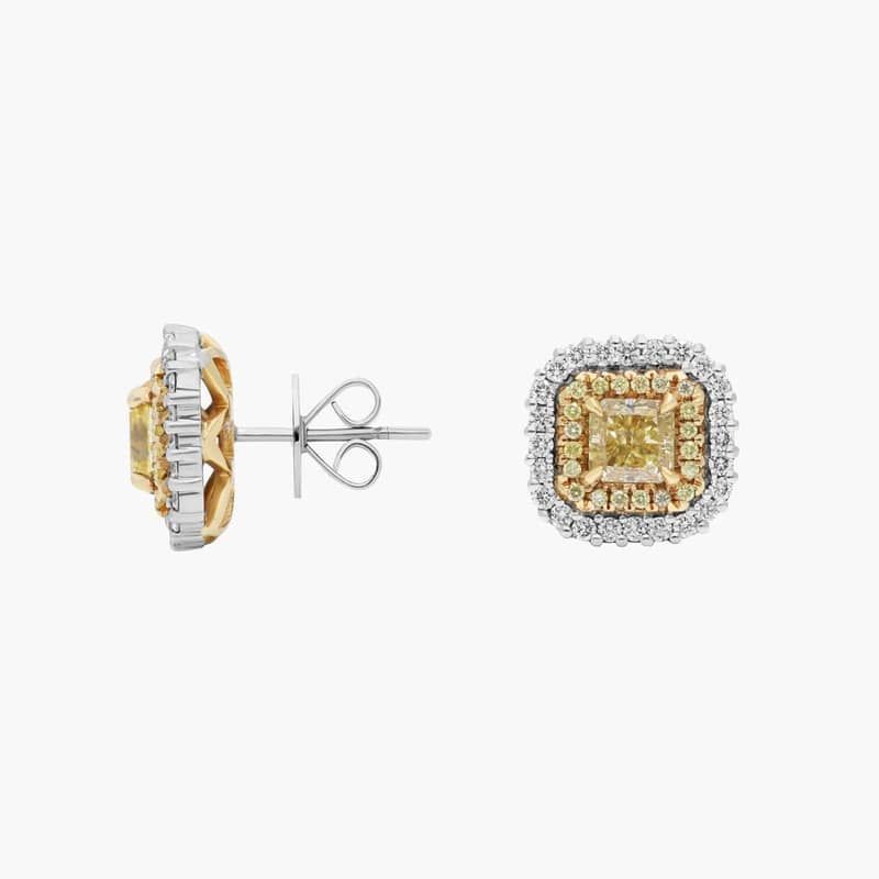White And Yellow Diamond Stud Earrings with 3 CTW Mixed Shape Diamonds in 18K White & Yellow Gold