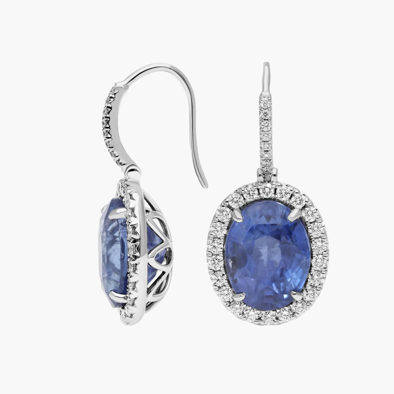 Oval Cut Sapphire & Diamond Halo Dangle Earrings with 1 CTW Round Cut Diamonds in Platinum