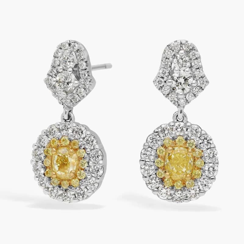 White And Yellow Diamond Drop Earrings with 2.5 CTW Mixed Shape Diamonds in 18K White & Yellow Gold
