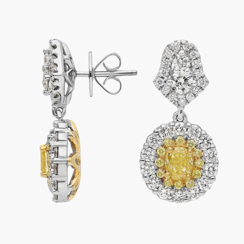 White And Yellow Diamond Drop Earrings with 2.5 CTW Mixed Shape Diamonds in 18K White & Yellow Gold